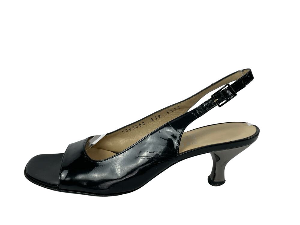 Salvatore Ferragamo Black Leather Open Toe Kitten Heels Slingback Sandals Sz 6.5